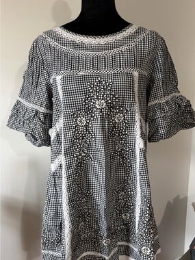 Free People Black & White Gingham Embroidered Mini Dress